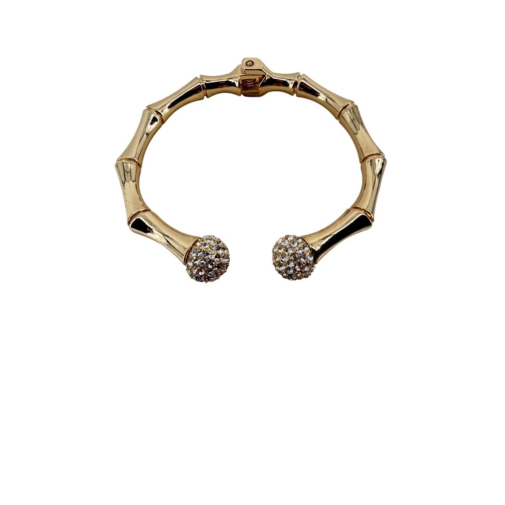 Gold Bamboo Hinged Cuff Bracelet Rhinestone Orb Bypass Bangle Statement Jewelry